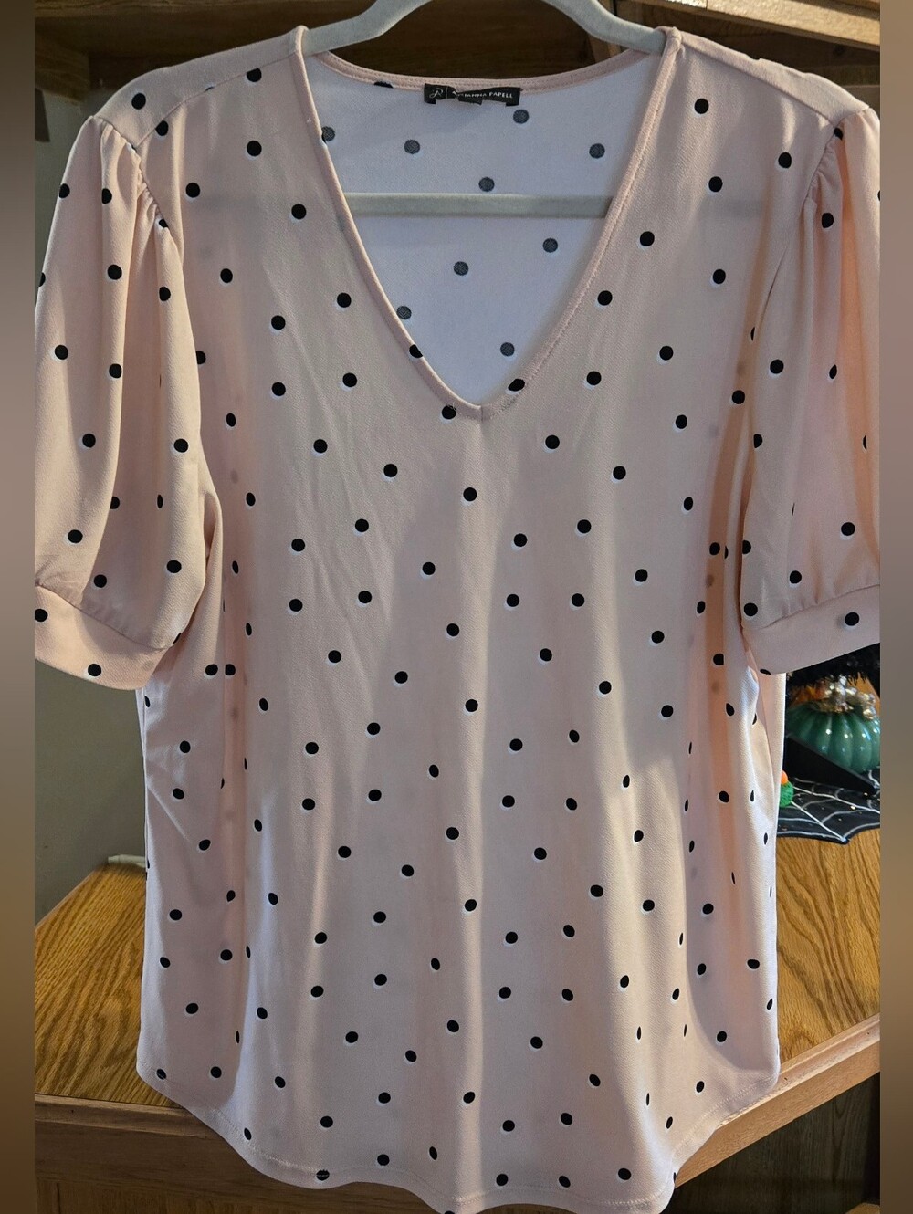 Adriana Pappell Polka Dot V-Neck Blouse — Peach Color